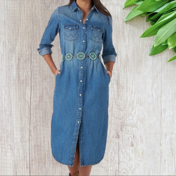Wrangler Dresses & Skirts - WRANGLER Retro Blue Denim Maxi Dress Front Pearl Snaps Long Sleeve Size Large